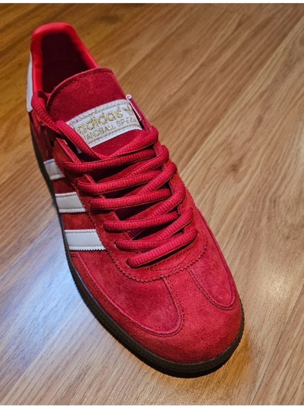 adidas Red Suede Women's Sneakers with White Stripes and Gold Tongue Patch